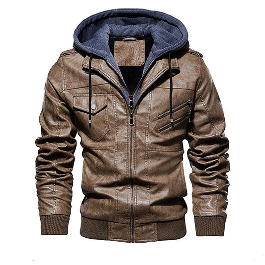 Men Hooded Leather Jacket Thick Motorcycle Windproof Male Casual Winter PU Jacket - All In The Bag 