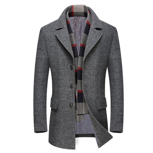 Winter Thick Men Wool Jackets Scarf Detachable Collar Fit Men Overcoats - All In The Bag 