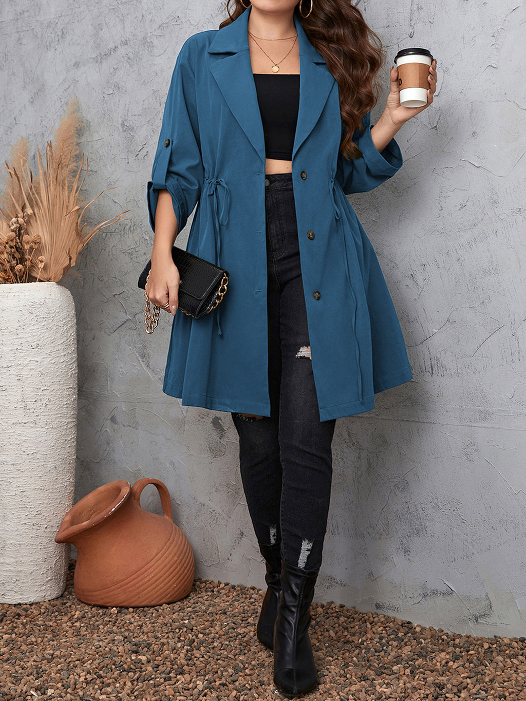 Plus Size Lapel Collar Drawstring Roll-Tab Sleeve Trench Coat - All In The Bag