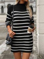 Striped Mock Neck Long Sleeve Mini Dress - All In The Bag