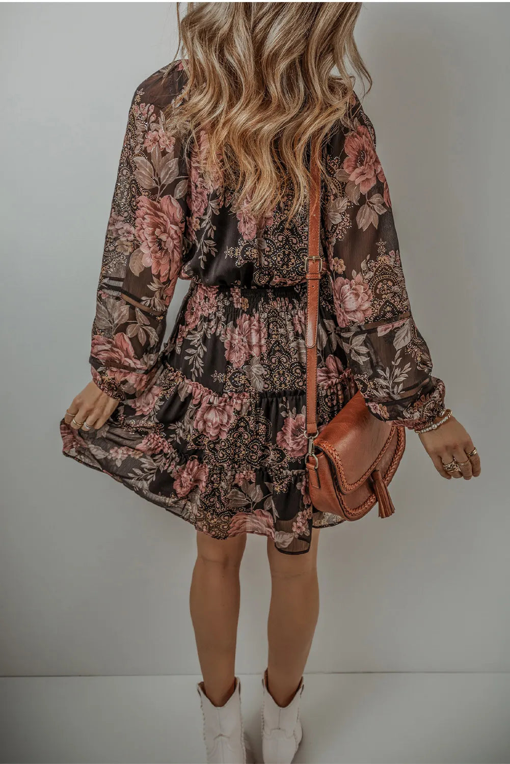 Printed Tie Neck Long Sleeve Mini Dress - All In The Bag
