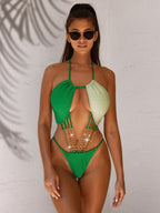 Contrast Halter Neck Chain Detail One-Piece Swimsuit - All In The Bag