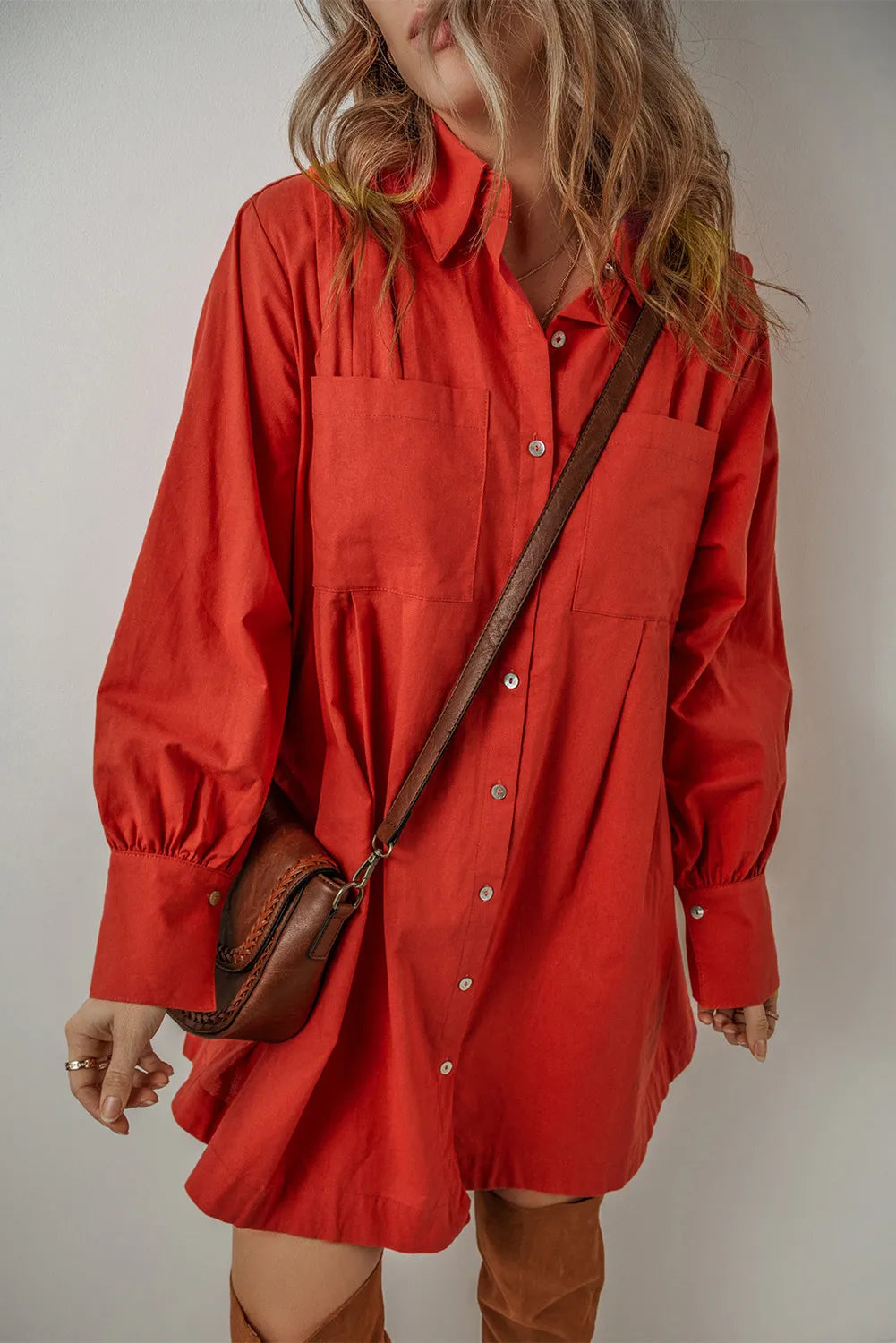 Pocketed Button Down Long Sleeve Shirt Dress - All In The Bag