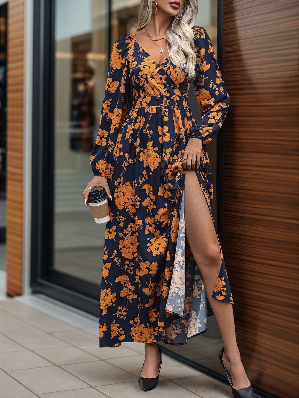 Perfee Split Printed Surplice Long Sleeve Midi Dress - All In The Bag