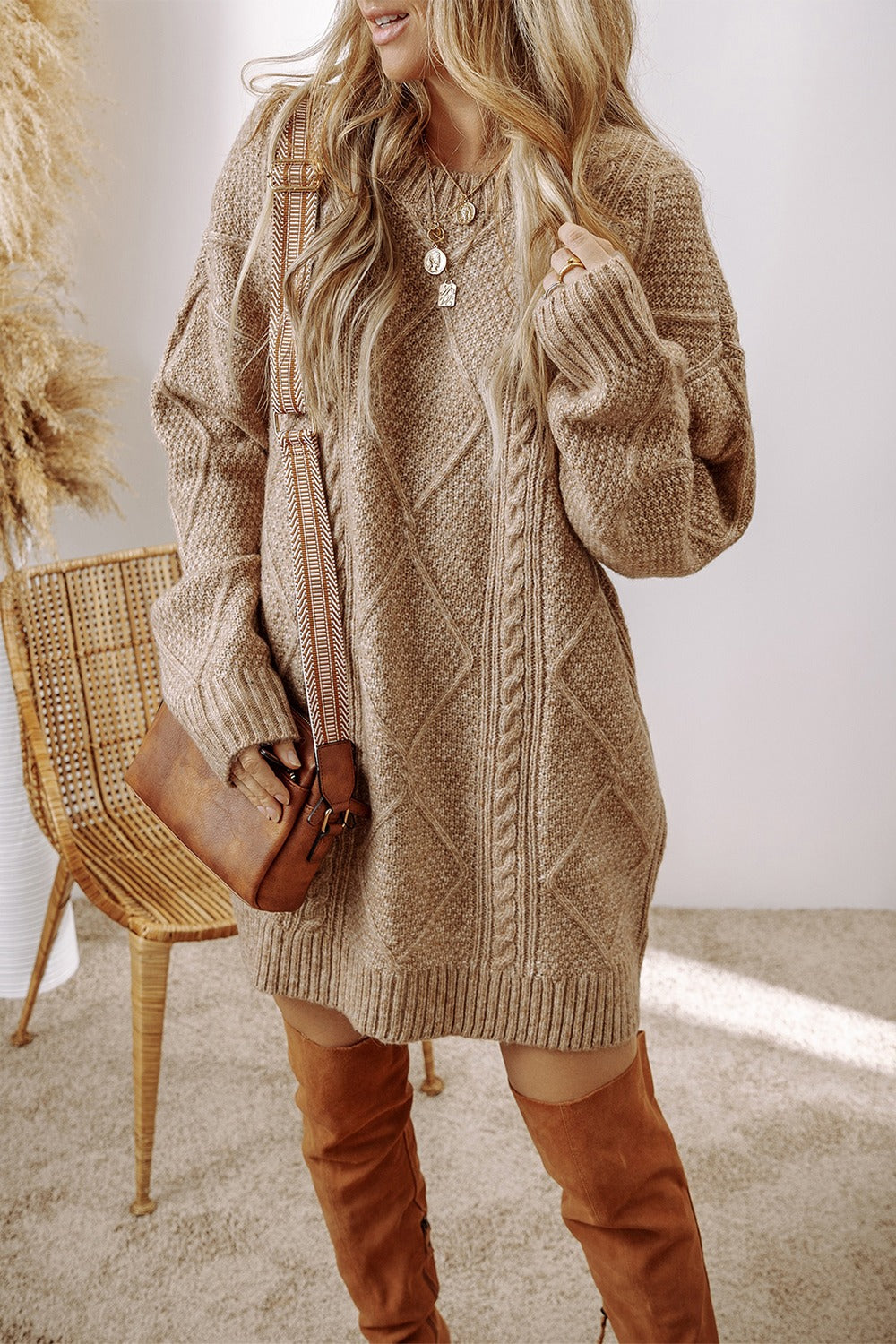 Cable-Knit Round Neck Sweater Dress - All In The Bag