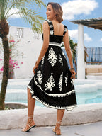 Printed Square Neck Wide Strap Midi Dress - All In The Bag