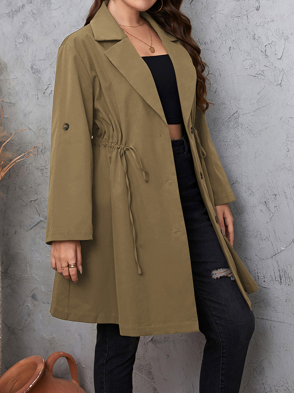 Plus Size Lapel Collar Drawstring Roll-Tab Sleeve Trench Coat - All In The Bag