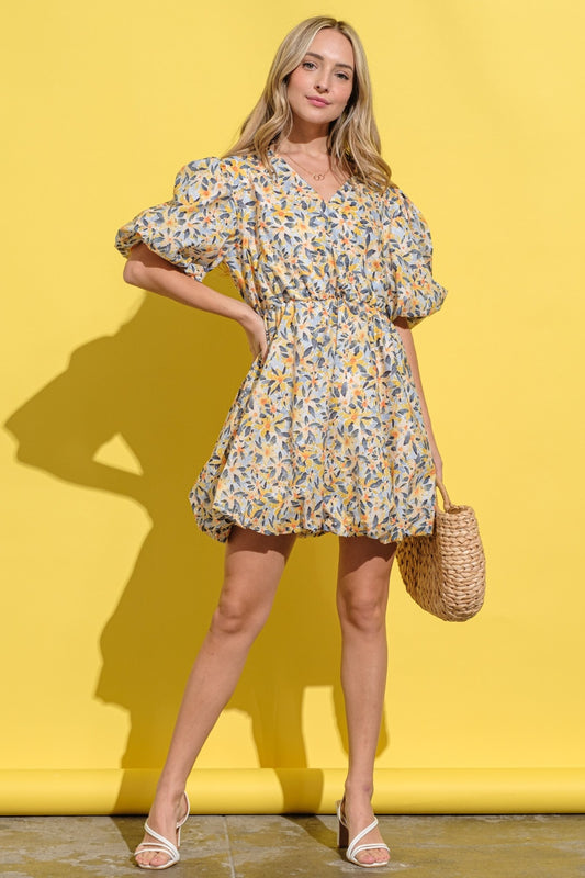 Full Size Floral Surplice Puff Sleeve Dress