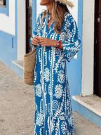 Printed Notched Half Sleeve Maxi Dress - All In The Bag