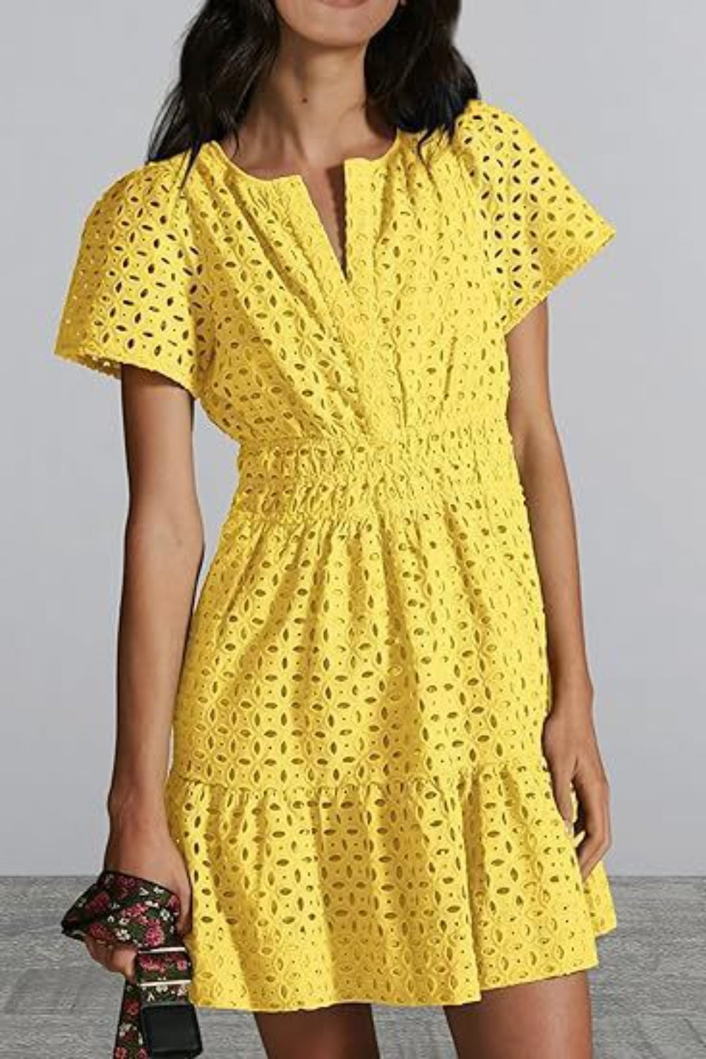 Eyelet Notched Short Sleeve Mini Dress - All In The Bag