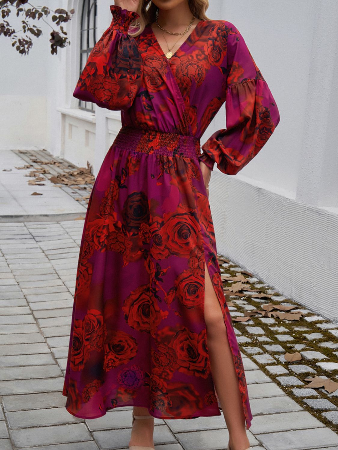 Devine Split Printed Surplice Long Sleeve Midi Dress - All In The Bag