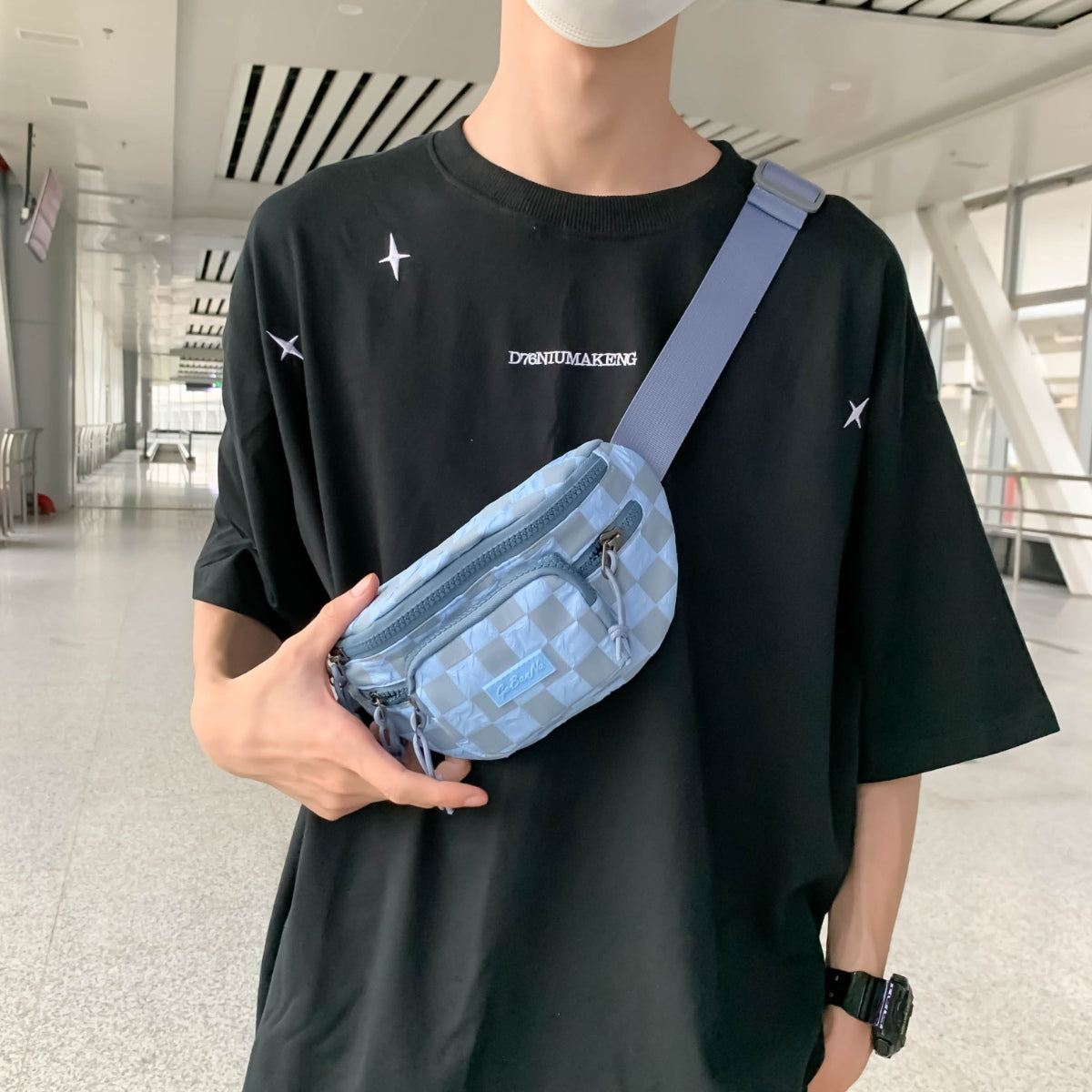 Checkered Adjustable Strap Nylon Crossbody Bag - All In The Bag