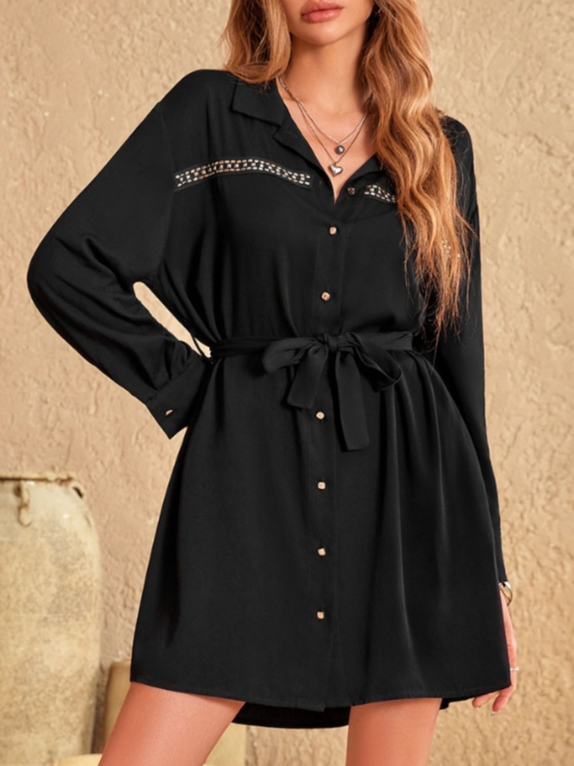 Collared Neck Long Sleeve Mini Dress - All In The Bag