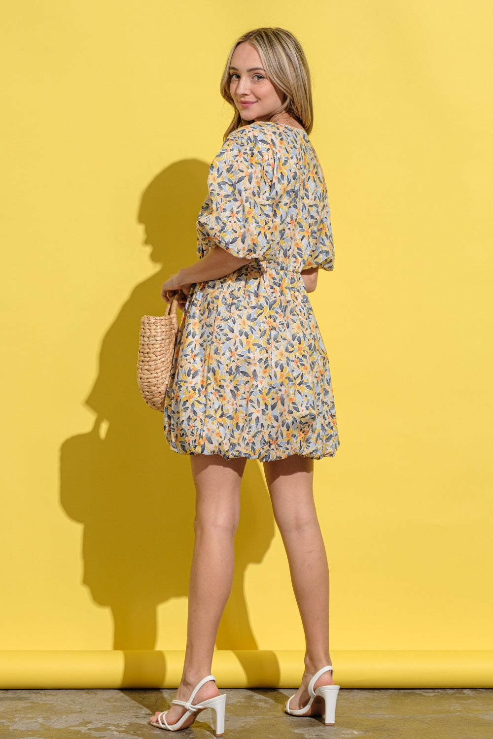 Full Size Floral Surplice Puff Sleeve Dress - All In The Bag