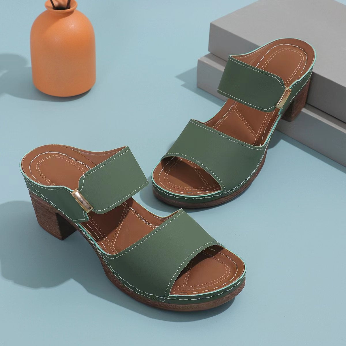PU Leather Block Heel Sandals - All In The Bag