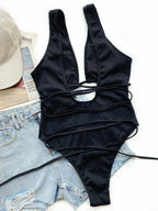 Ribbed Lace Up One-Piece Swimsuit - All In The Bag