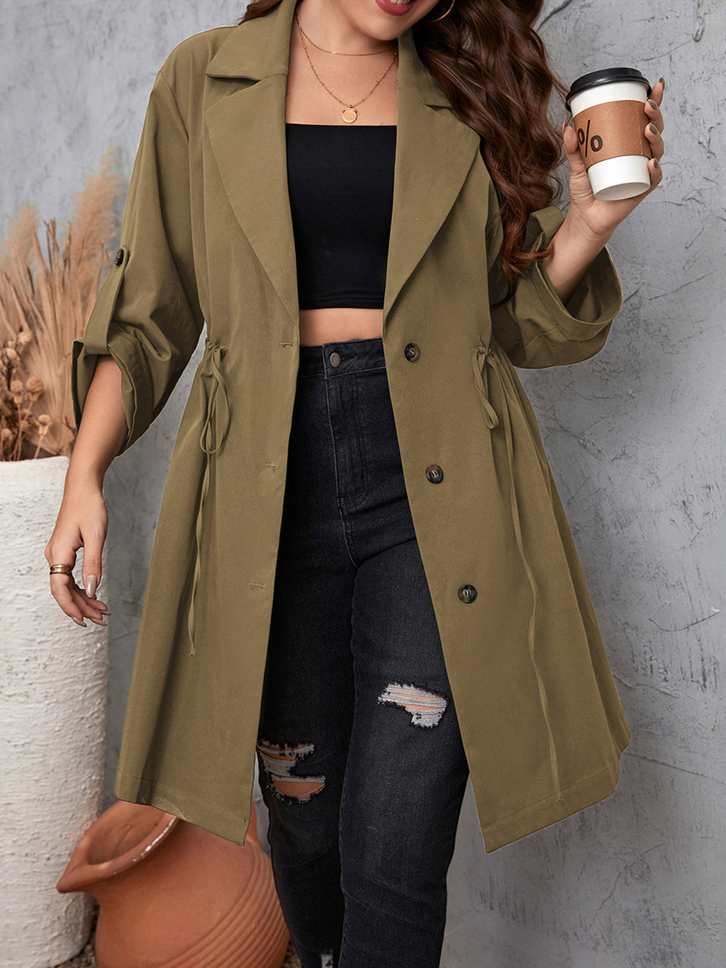 Plus Size Lapel Collar Drawstring Roll-Tab Sleeve Trench Coat - All In The Bag