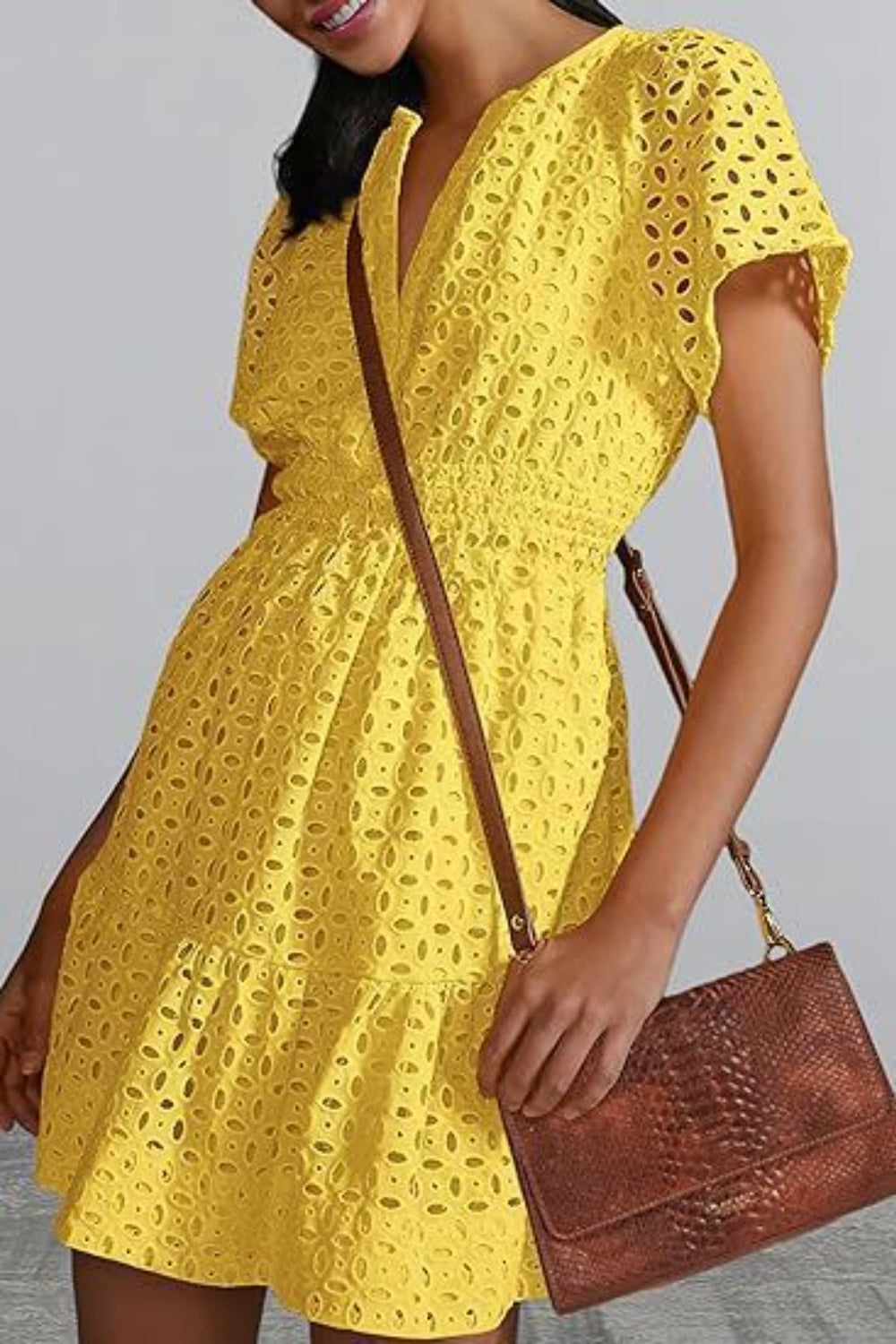 Eyelet Notched Short Sleeve Mini Dress - All In The Bag