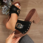 Buckle Trim Block Heel Sandals - All In The Bag