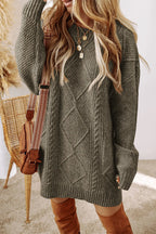 Cable-Knit Round Neck Sweater Dress - All In The Bag