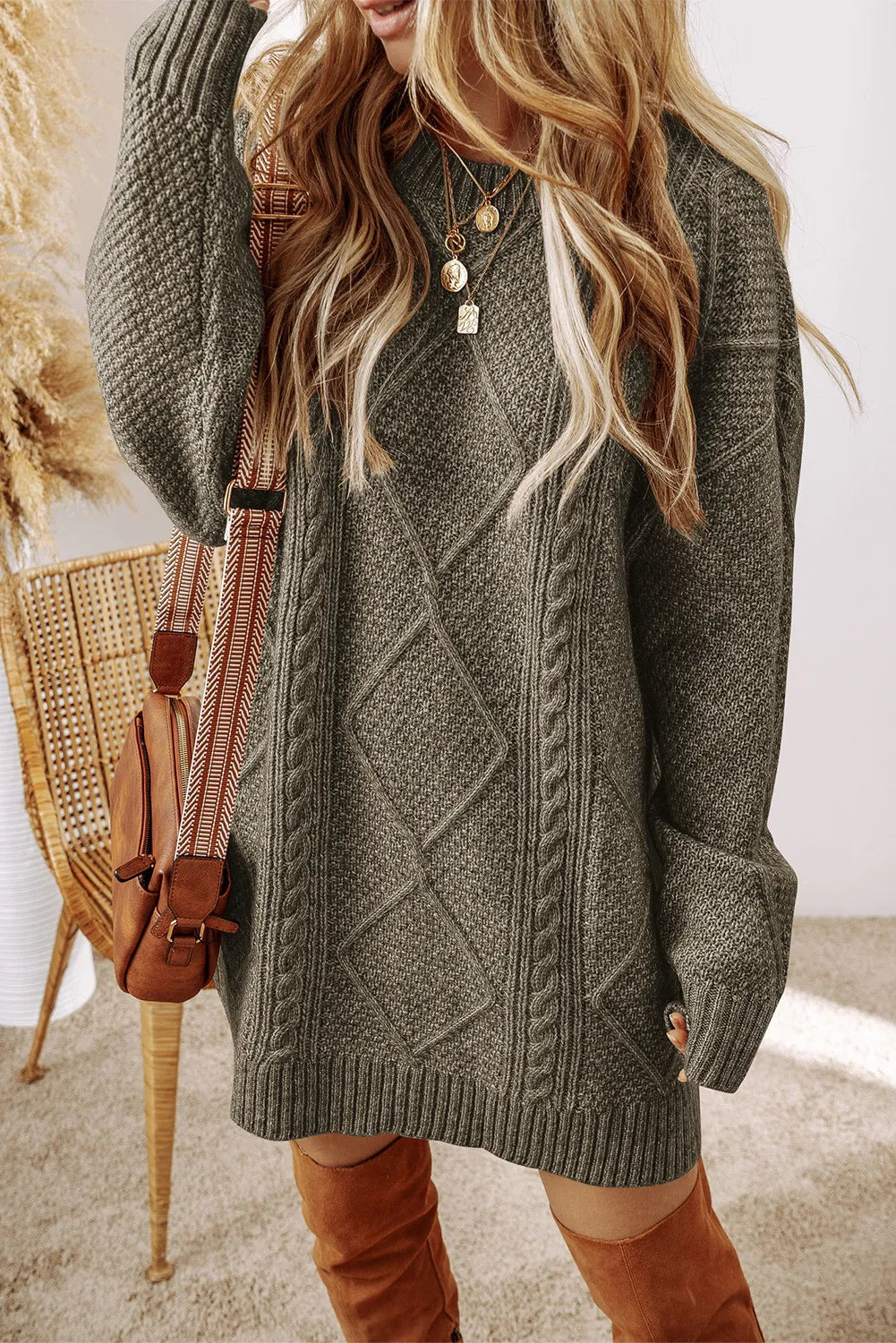Cable-Knit Round Neck Sweater Dress - All In The Bag