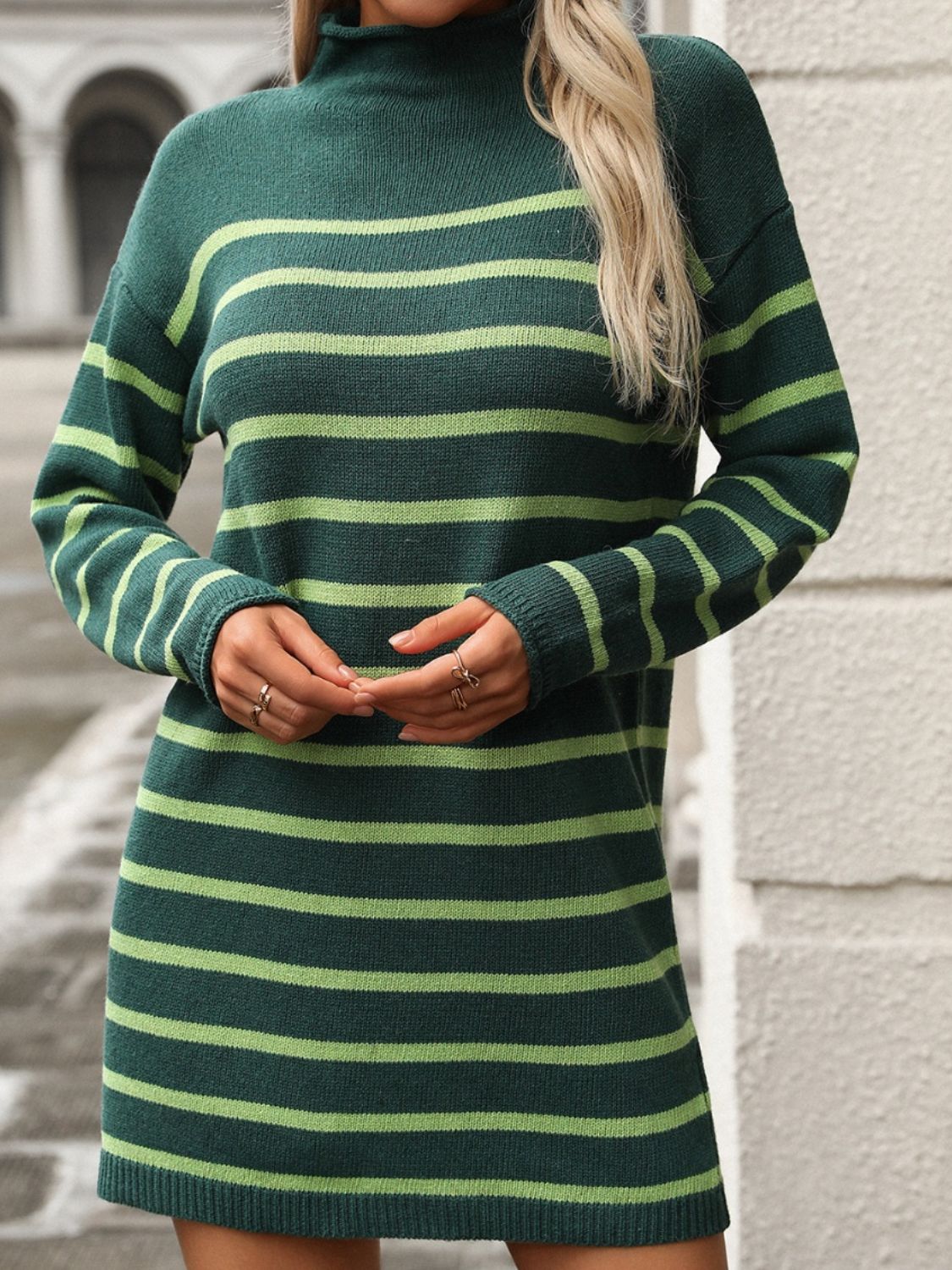 Striped Mock Neck Long Sleeve Mini Dress - All In The Bag