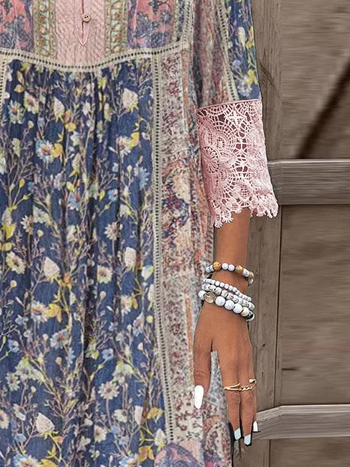 Full Size Lace Detail Printed Three-Quarter Sleeve Dress - All In The Bag