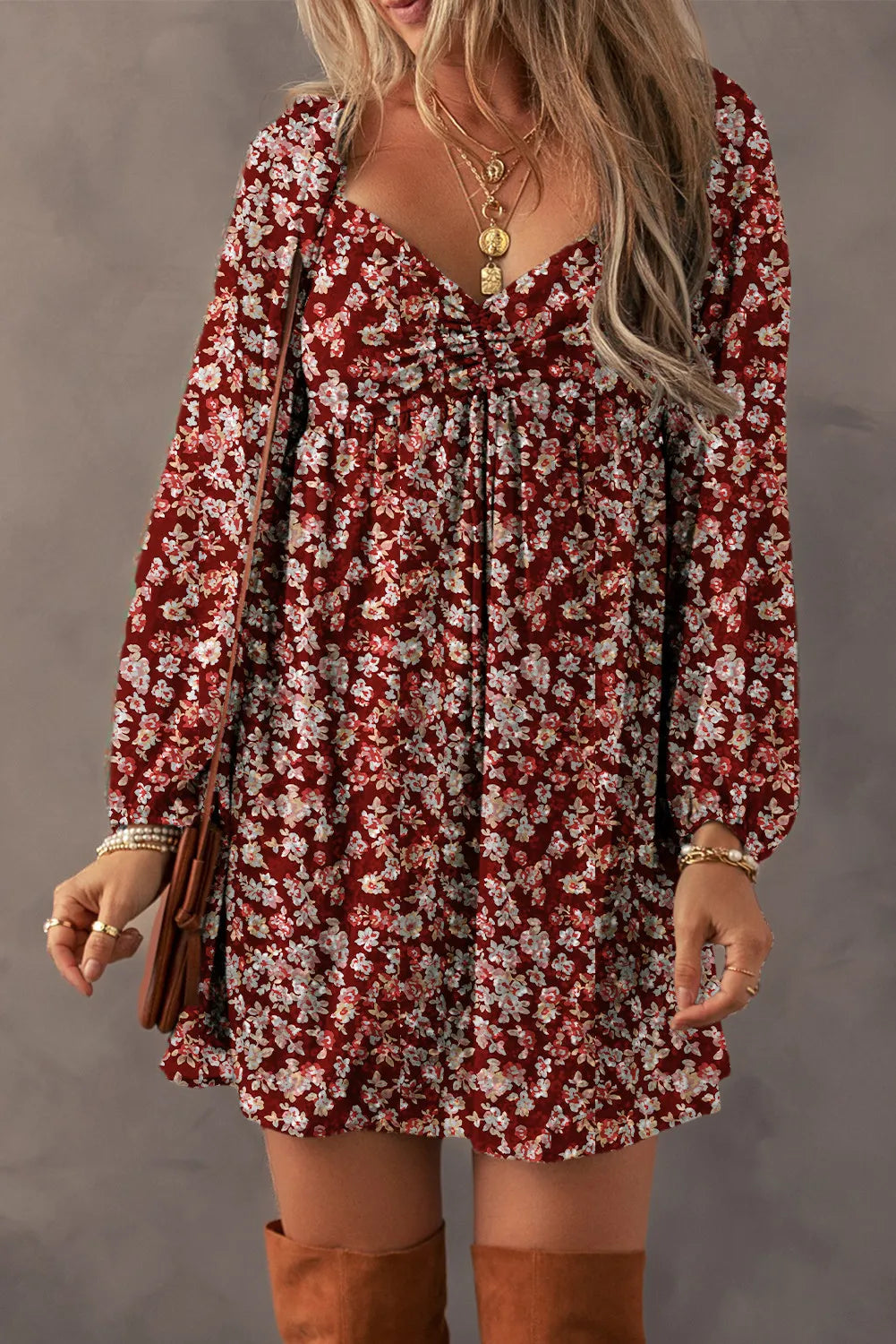 Ruched Printed Long Sleeve Mini Dress - All In The Bag