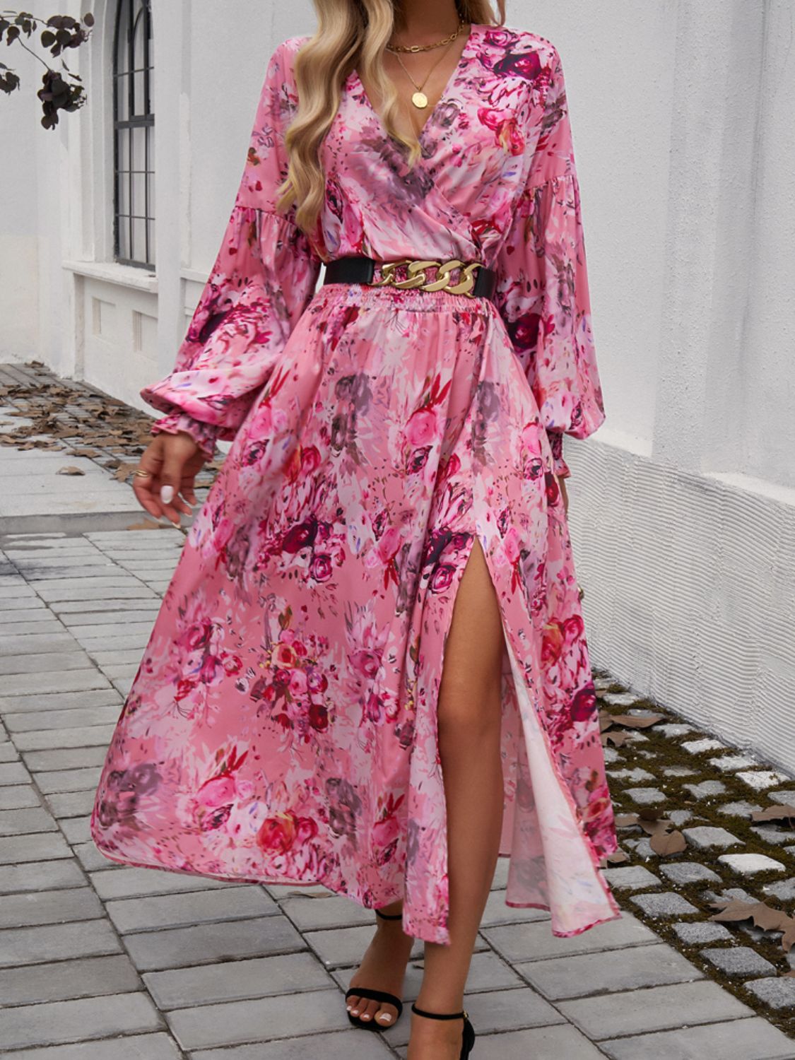 Devine Split Printed Surplice Long Sleeve Midi Dress - All In The Bag