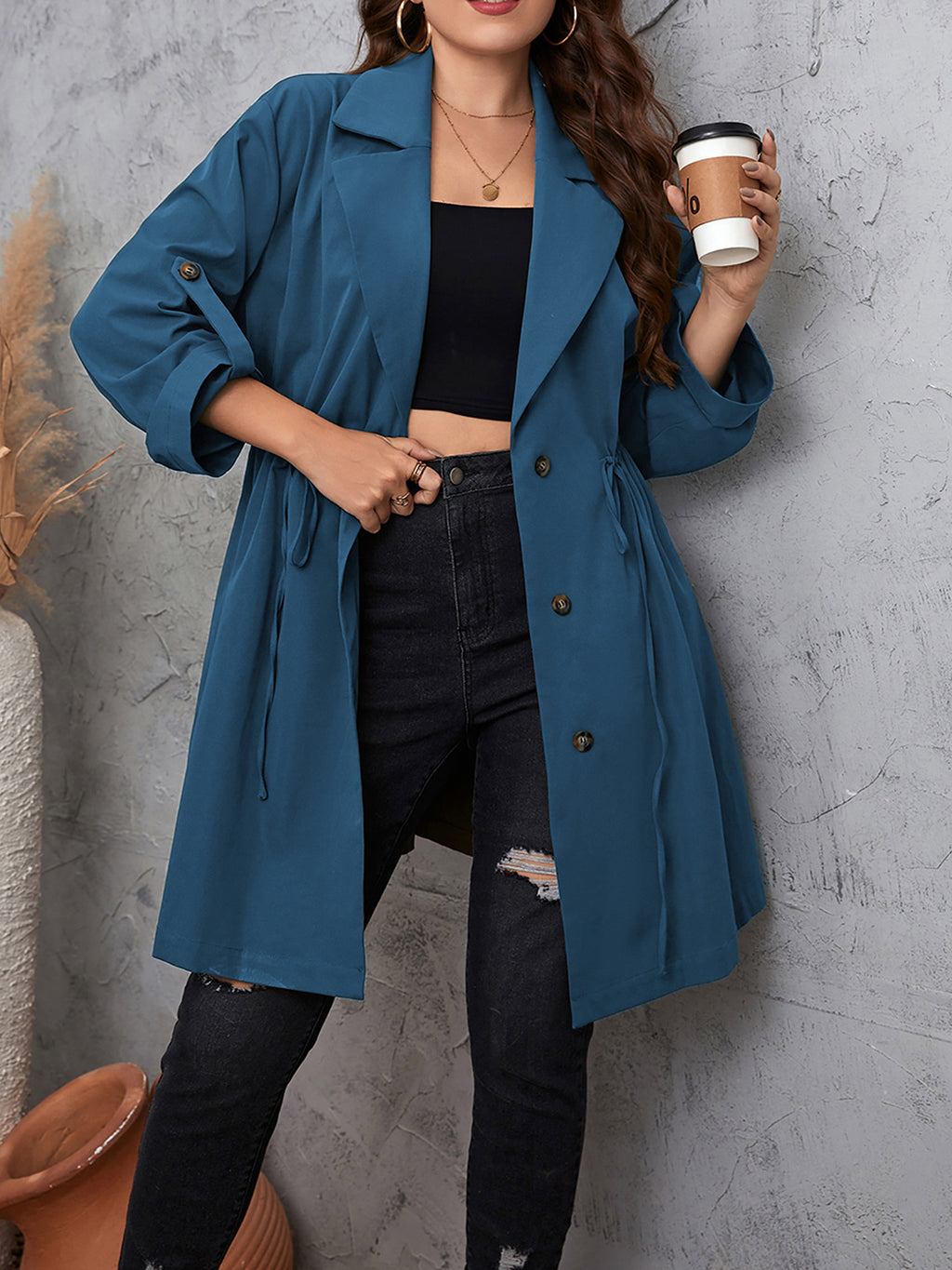 Plus Size Lapel Collar Drawstring Roll-Tab Sleeve Trench Coat - All In The Bag