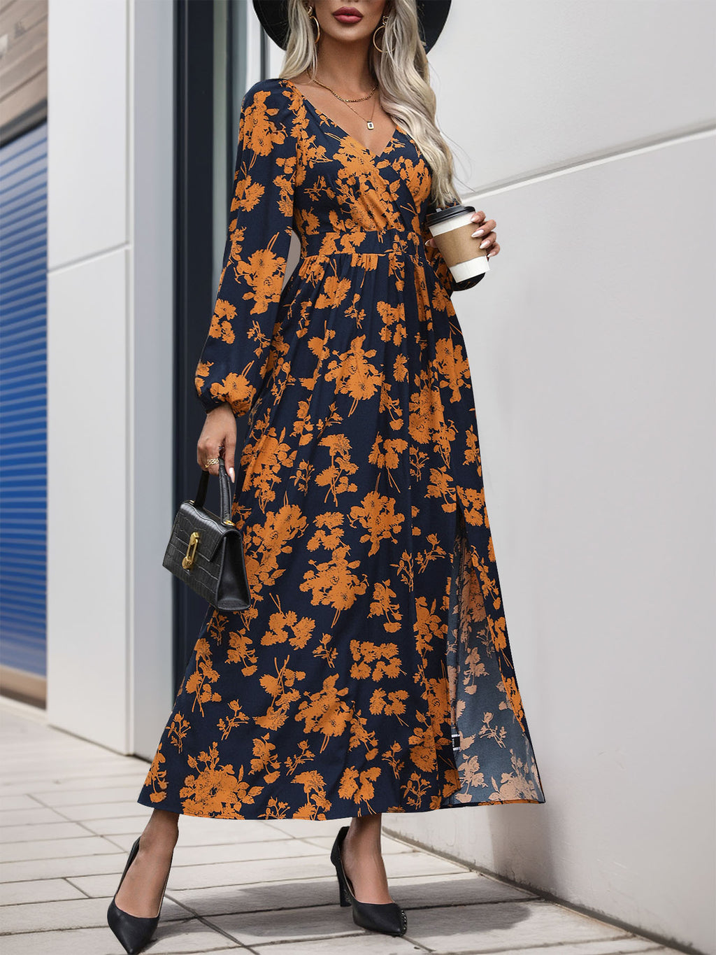 Perfee Split Printed Surplice Long Sleeve Midi Dress - All In The Bag