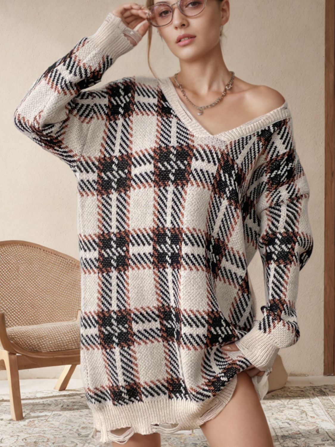 Distressed Plaid V-Neck Long Sleeve Sweater Dress - All In The Bag