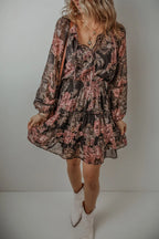 Printed Tie Neck Long Sleeve Mini Dress - All In The Bag