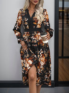 Perfee Printed Notched Long Sleeve Midi Dress - All In The Bag