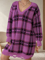 Distressed Plaid V-Neck Long Sleeve Sweater Dress - All In The Bag
