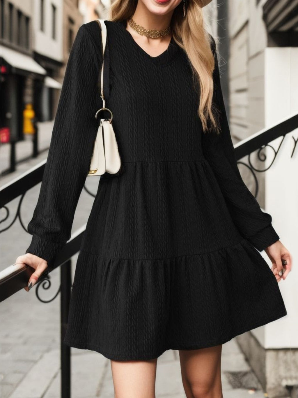V-Neck Long Sleeve Mini Dress - All In The Bag