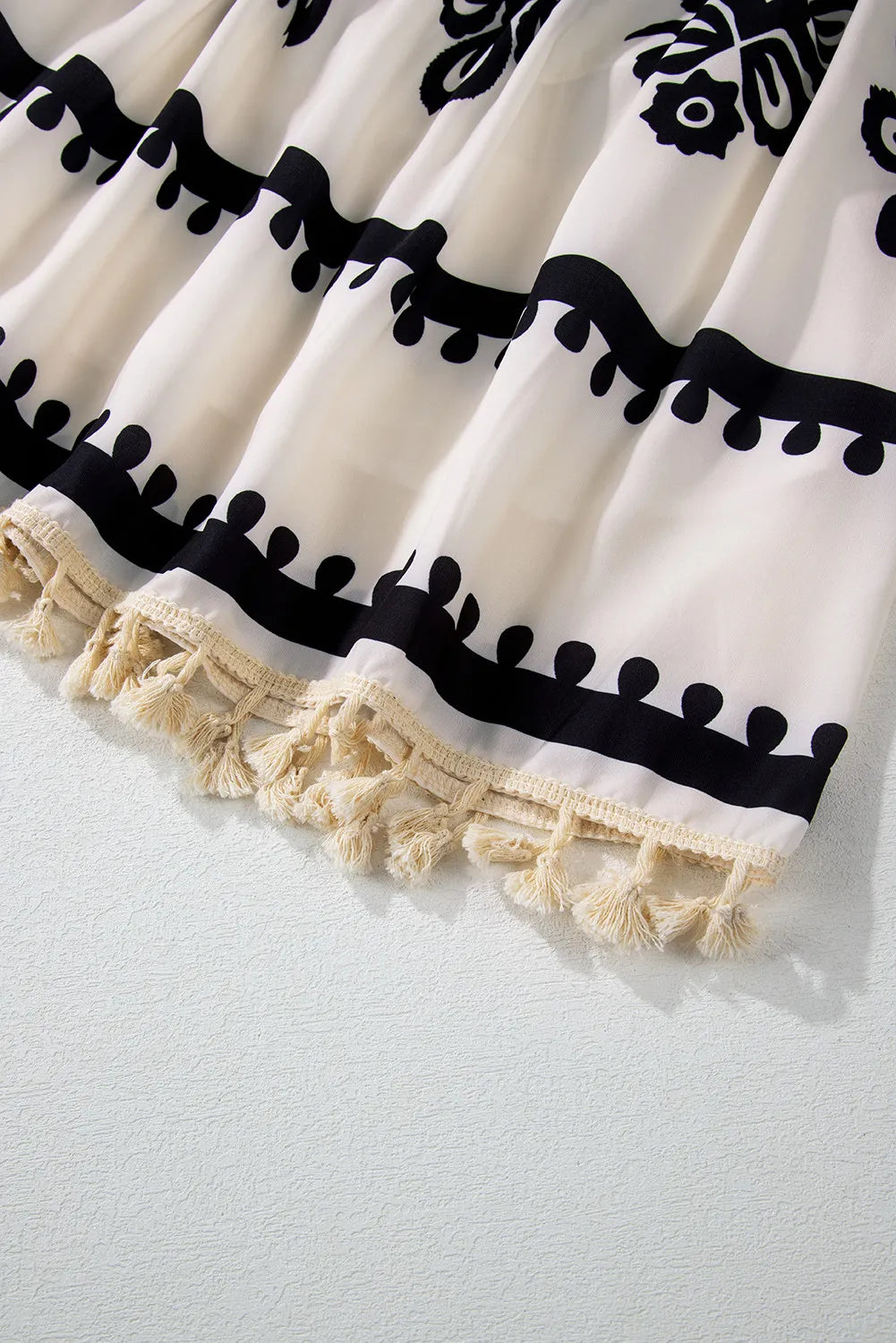 Tassel Printed Three-Quarter Sleeve Mini Dress - All In The Bag