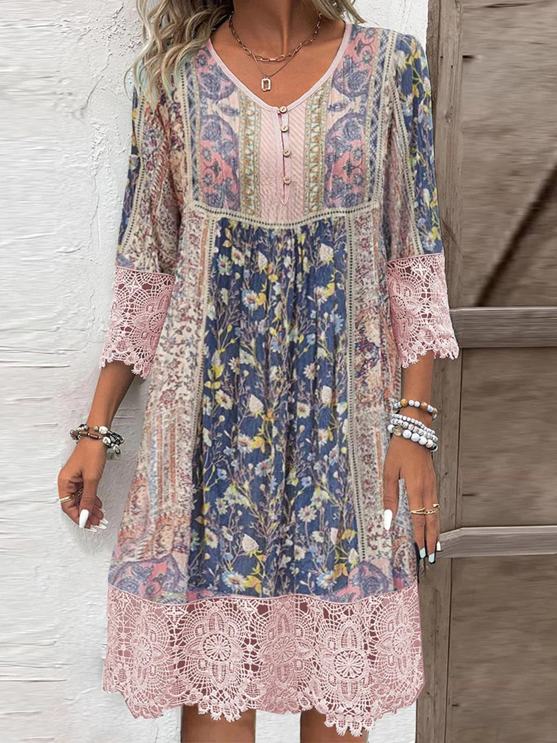 Full Size Lace Detail Printed Three-Quarter Sleeve Dress - All In The Bag