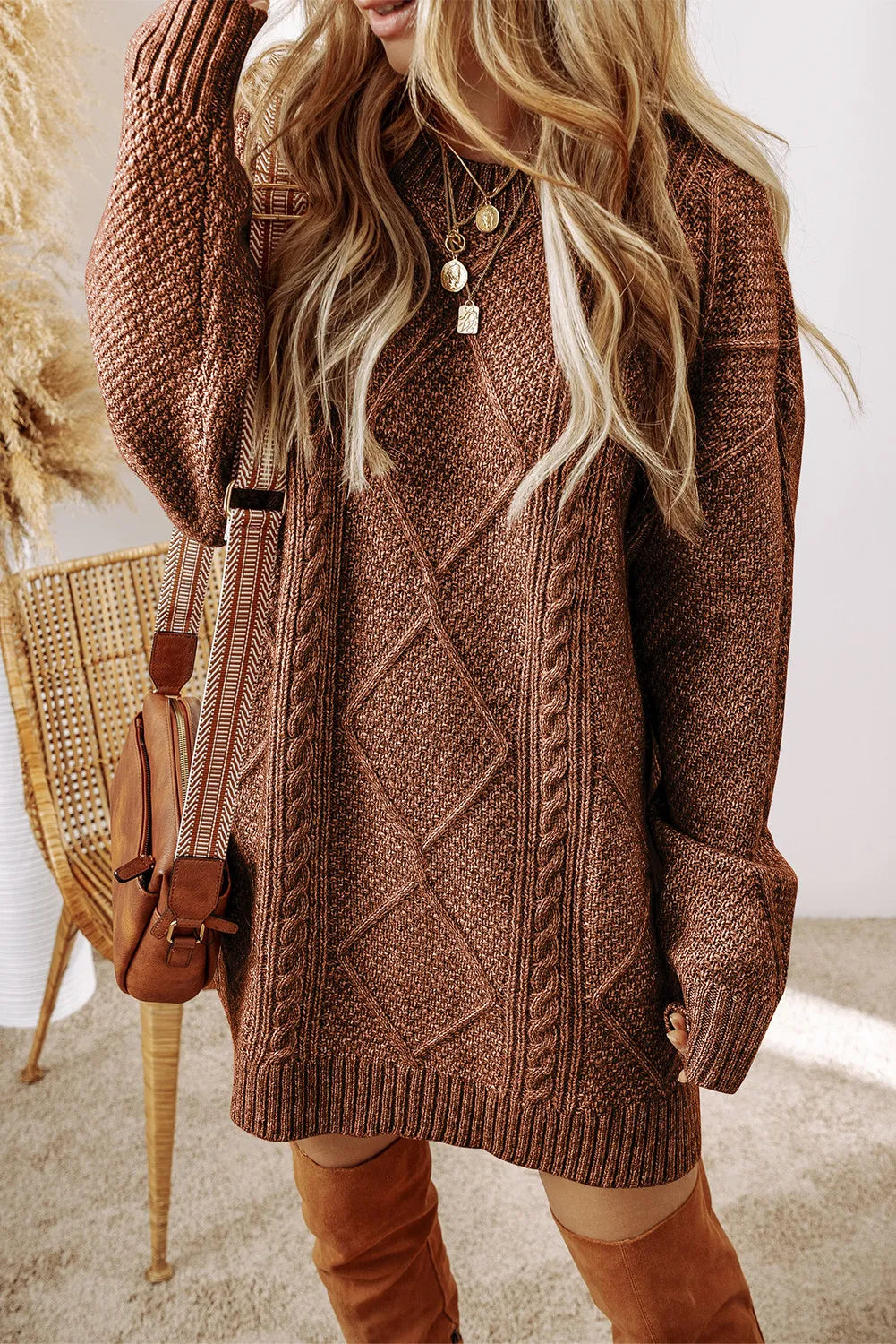 Cable-Knit Round Neck Sweater Dress - All In The Bag