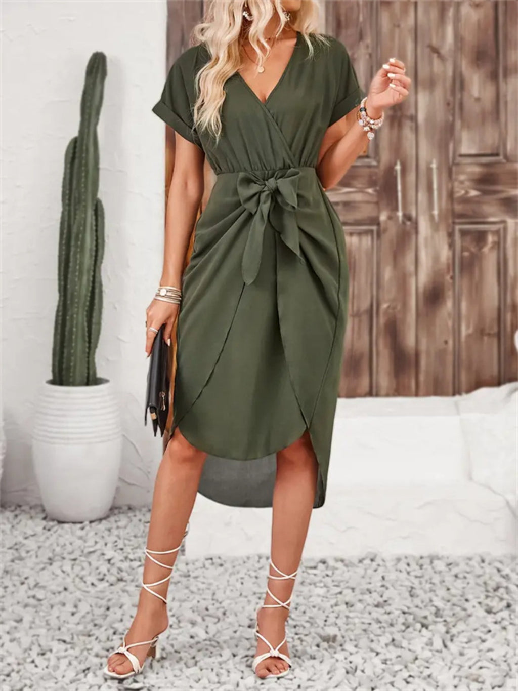 Tied Surplice Short Sleeve Dress - All In The Bag