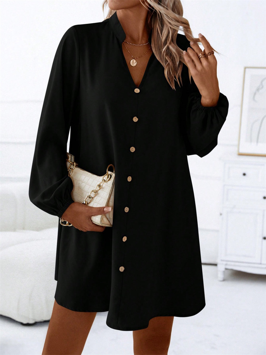 Notched Long Sleeve Mini Dress - All In The Bag