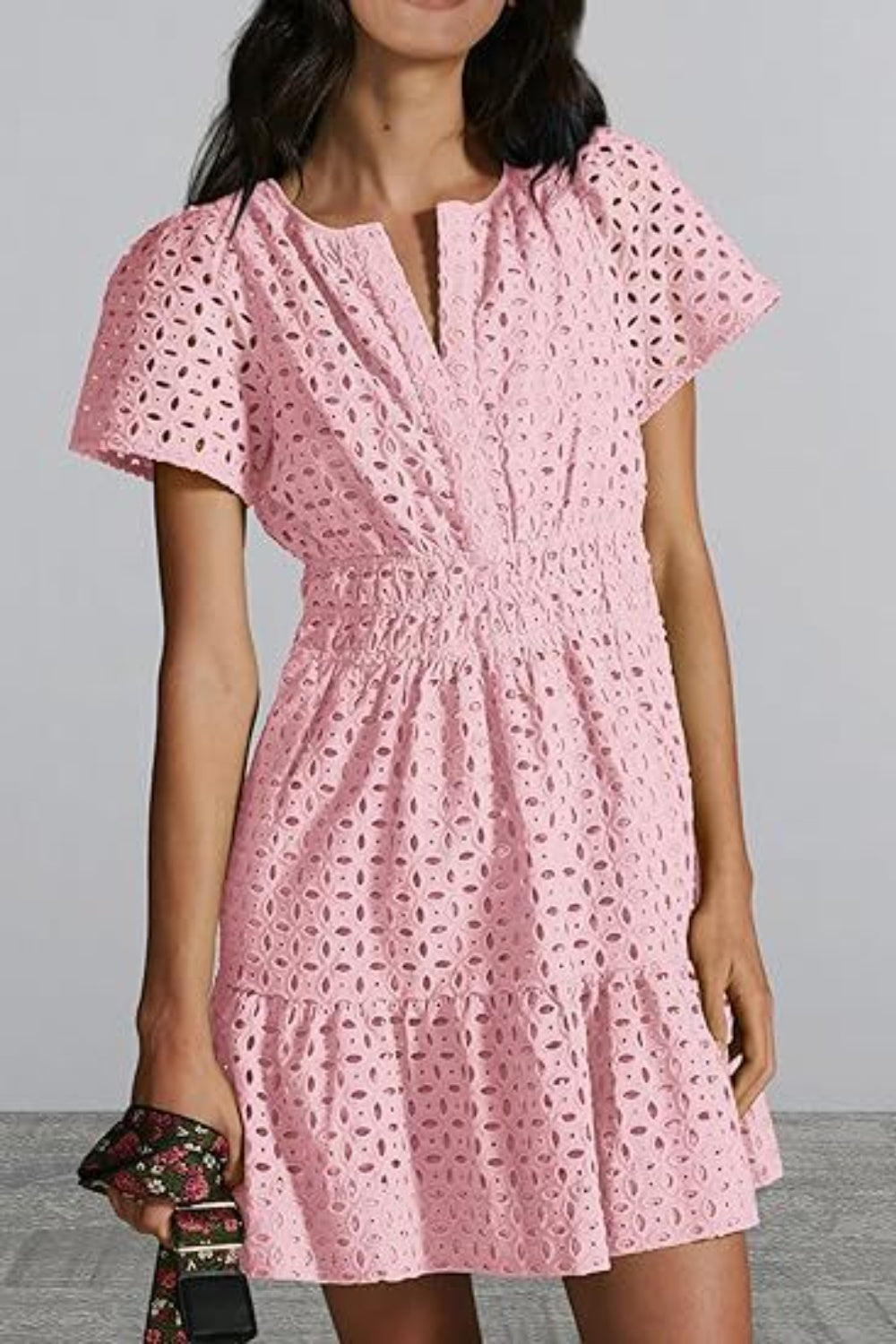 Eyelet Notched Short Sleeve Mini Dress - All In The Bag