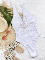 Ribbed Lace Up One-Piece Swimsuit - All In The Bag