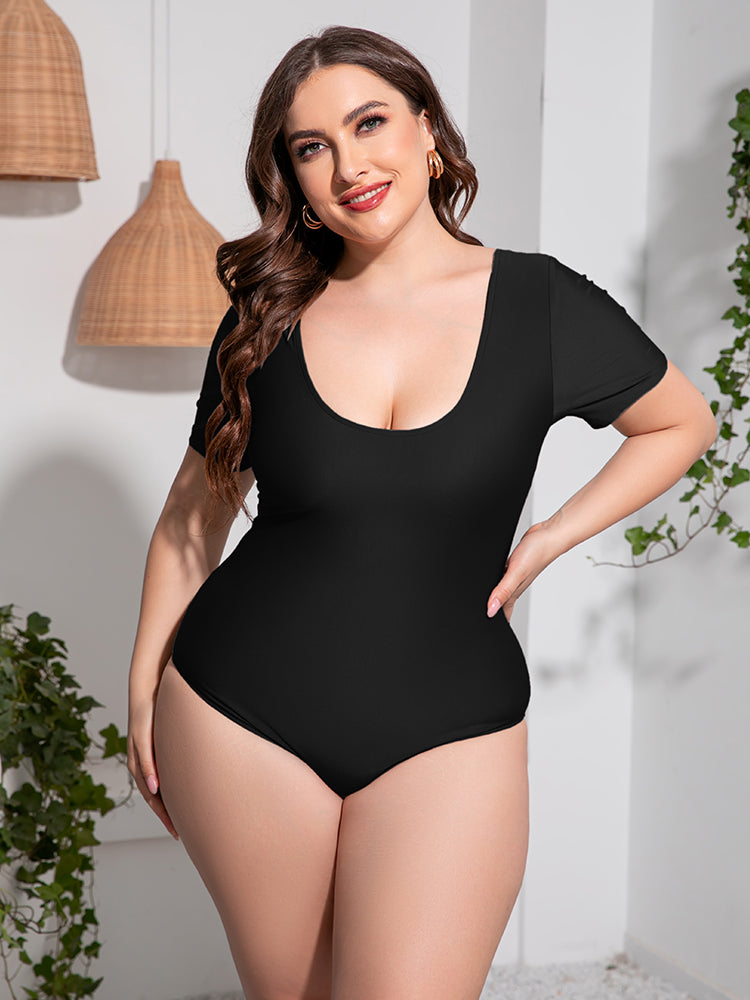 Plus Size Scoop Neck Short Sleeve One-Piece Swimsuit - All In The Bag