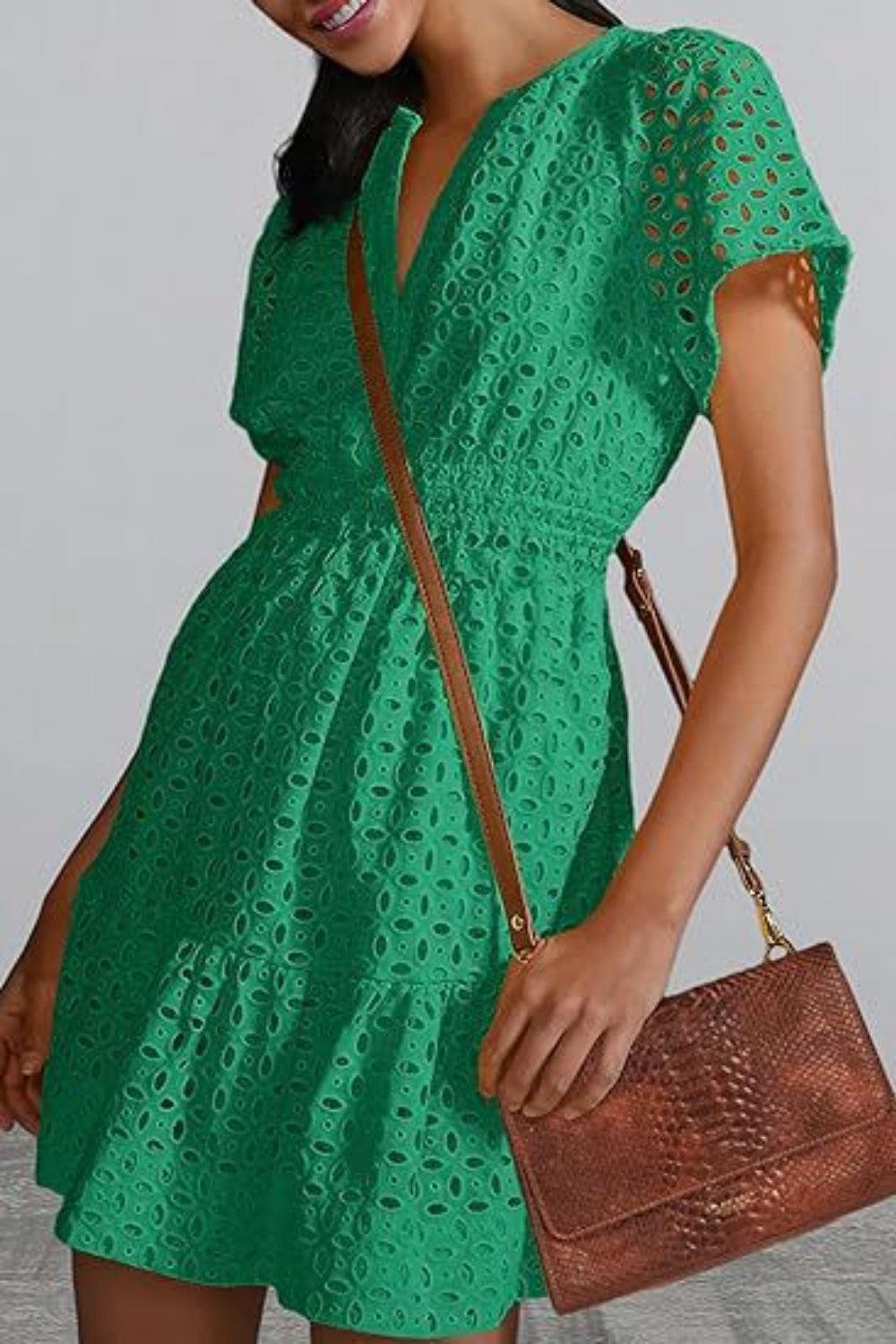 Eyelet Notched Short Sleeve Mini Dress - All In The Bag