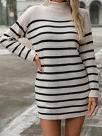 Striped Mock Neck Long Sleeve Mini Dress - All In The Bag