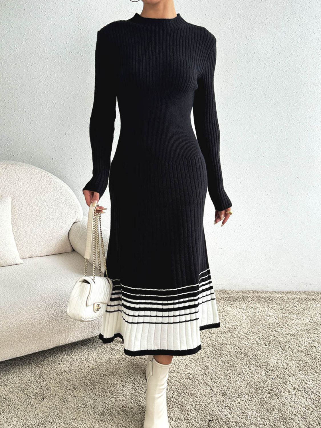 Contrast Mock Neck Long Sleeve Sweater Dress - All In The Bag