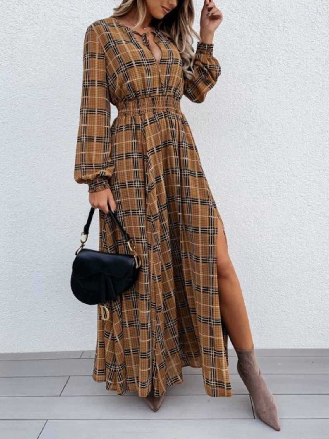 Slit Plaid Tie Neck Long Sleeve Maxi Dress - All In The Bag