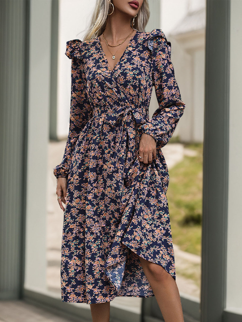 Perfee Printed Surplice Long Sleeve Midi Dress - All In The Bag