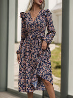 Perfee Printed Surplice Long Sleeve Midi Dress - All In The Bag